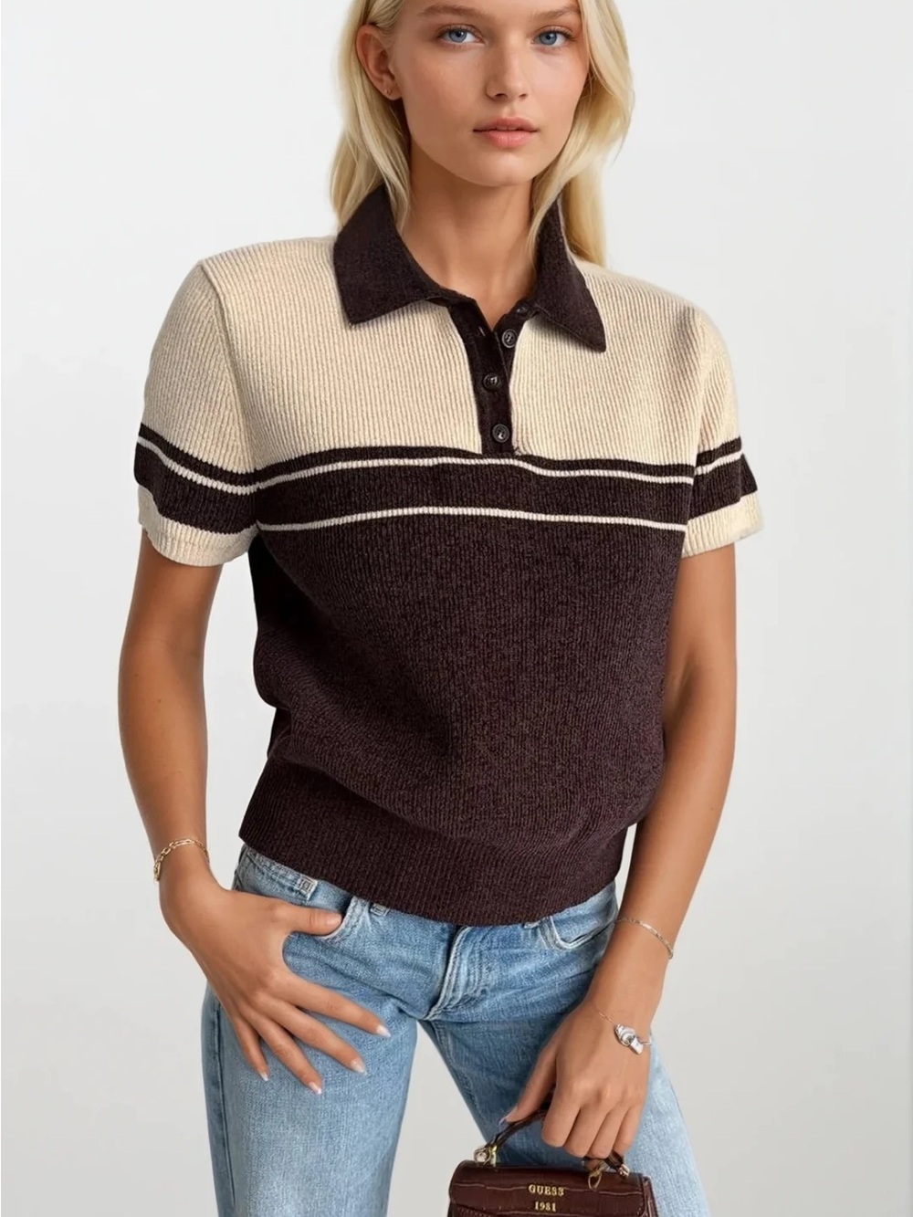 Zara Ribbed Knit Polo Top - Brown / Ecru Small